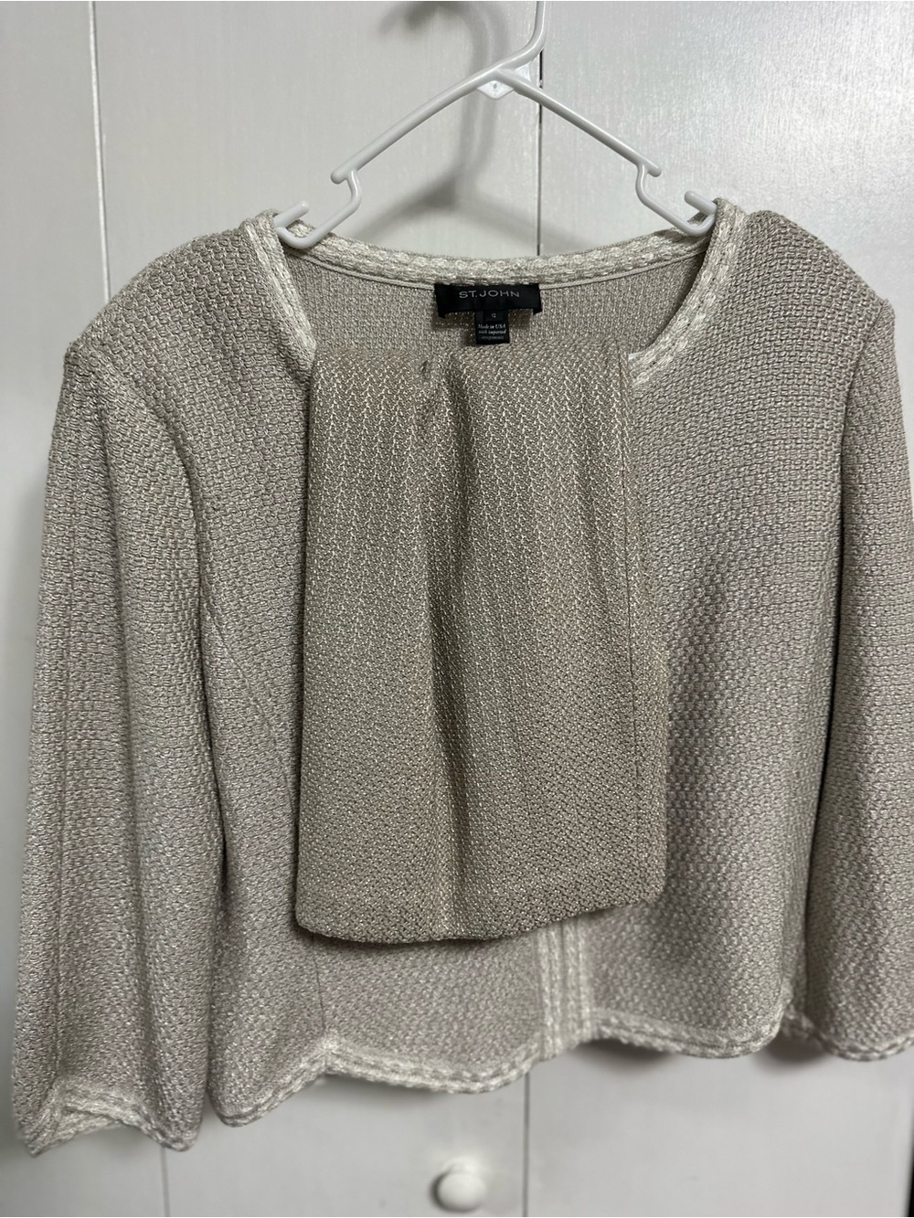St. John Textured Knit Cardigan - Light Taupe and skirt